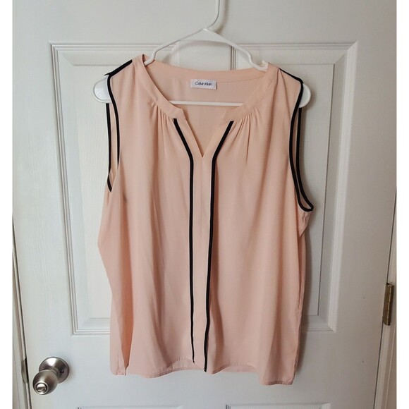 Calvin Klein Womens Blouse Size Large Soft Pink With Black Trim Sleeveless - Picture 1 of 5